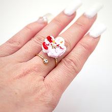Load image into Gallery viewer, gold fork ring with white&amp;red crepe flower, adjustable ring, wrap ring, fashion ring