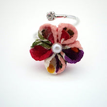 Load image into Gallery viewer, silver fork ring with mix colors crepe flower, adjustable ring, wrap ring, fashion ring