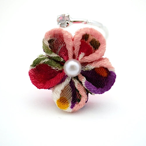 silver fork ring with mix colors crepe flower, adjustable ring, wrap ring, fashion ring