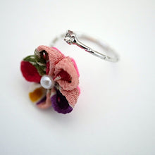 Load image into Gallery viewer, silver fork ring with mix colors crepe flower, adjustable ring, wrap ring, fashion ring