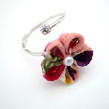 Load image into Gallery viewer, silver fork ring with mix colors crepe flower, adjustable ring, wrap ring, fashion ring