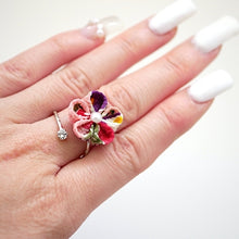 Load image into Gallery viewer, silver fork ring with mix colors crepe flower, adjustable ring, wrap ring, fashion ring