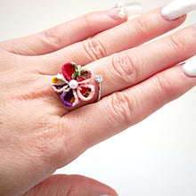 Load image into Gallery viewer, silver fork ring with mix colors crepe flower, adjustable ring, wrap ring, fashion ring
