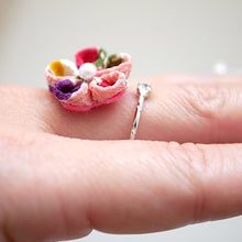 Load image into Gallery viewer, silver fork ring with mix colors crepe flower, adjustable ring, wrap ring, fashion ring