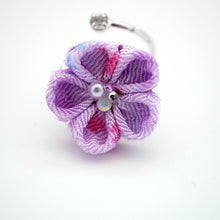 Load image into Gallery viewer, silver fork ring with purple crepe flower, adjustable ring, wrap ring, fashion ring