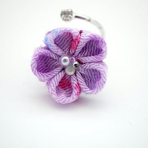 silver fork ring with purple crepe flower, adjustable ring, wrap ring, fashion ring