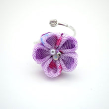 Load image into Gallery viewer, silver fork ring with purple crepe flower, adjustable ring, wrap ring, fashion ring