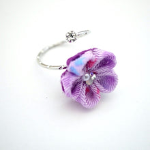 Load image into Gallery viewer, silver fork ring with purple crepe flower, adjustable ring, wrap ring, fashion ring