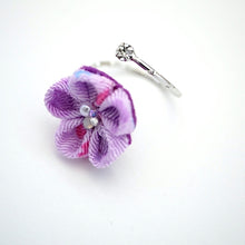 Load image into Gallery viewer, silver fork ring with purple crepe flower, adjustable ring, wrap ring, fashion ring