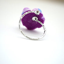 Load image into Gallery viewer, silver fork ring with purple crepe flower, adjustable ring, wrap ring, fashion ring