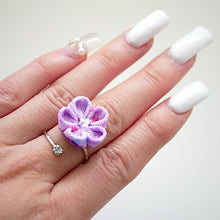 Load image into Gallery viewer, silver fork ring with purple crepe flower, adjustable ring, wrap ring, fashion ring