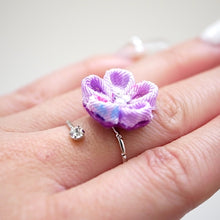 Load image into Gallery viewer, silver fork ring with purple crepe flower, adjustable ring, wrap ring, fashion ring