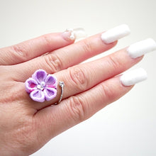 Load image into Gallery viewer, silver fork ring with purple crepe flower, adjustable ring, wrap ring, fashion ring