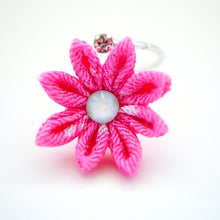 Load image into Gallery viewer, silver fork ring with pink crepe flower, adjustable ring, wrap ring, fashion ring