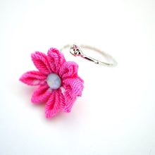 Load image into Gallery viewer, silver fork ring with pink crepe flower, adjustable ring, wrap ring, fashion ring