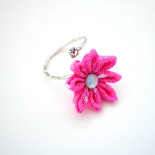 Load image into Gallery viewer, silver fork ring with pink crepe flower, adjustable ring, wrap ring, fashion ring