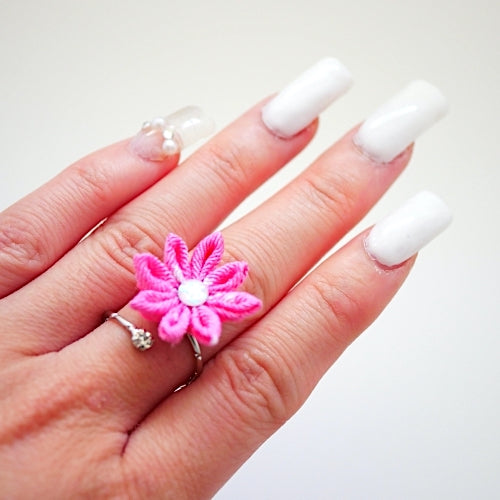 silver fork ring with pink crepe flower, adjustable ring, wrap ring, fashion ring