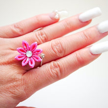 Load image into Gallery viewer, silver fork ring with pink crepe flower, adjustable ring, wrap ring, fashion ring