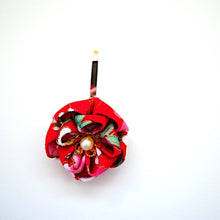 Load image into Gallery viewer, red flower pony hook, brass hair finding, ponytail decoration accessory