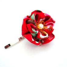 Load image into Gallery viewer, red flower pony hook, brass hair finding, ponytail decoration accessory