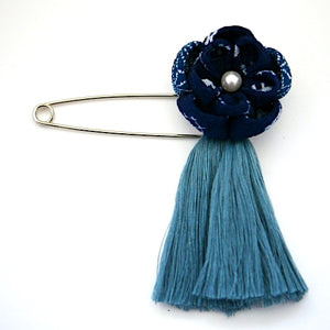 deep blue flower&tassel kilt pin, scarf fastener, brooch pin, Japanese handmade