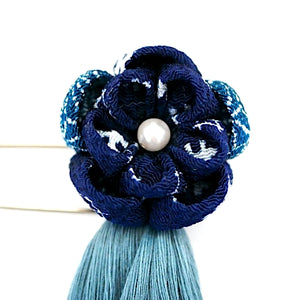 deep blue flower&tassel kilt pin, scarf fastener, brooch pin, Japanese handmade