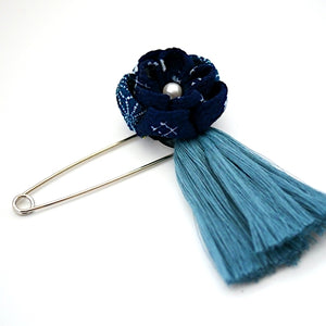 deep blue flower&tassel kilt pin, scarf fastener, brooch pin, Japanese handmade