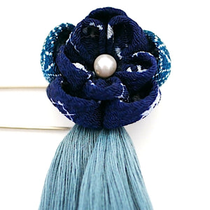 deep blue flower&tassel kilt pin, scarf fastener, brooch pin, Japanese handmade