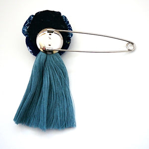 deep blue flower&tassel kilt pin, scarf fastener, brooch pin, Japanese handmade