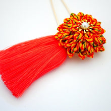 Load image into Gallery viewer, orange flower&amp;tassel kilt pin, scarf fastener, brooch pin, Japan handcraft