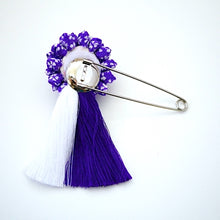 Load image into Gallery viewer, purple flower&amp;tassel kilt pin, scarf fastener, brooch pin, Japan handmade