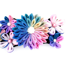 Load image into Gallery viewer, pink and blue Tumami-zaiku hair barrette, headdress, hair accessaory, Japanese design, bar barrette