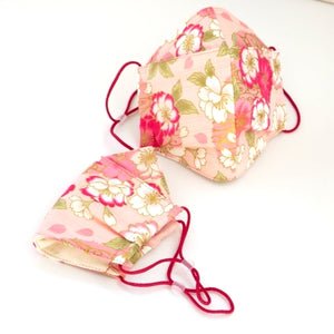 3Layers Face mask "pink"in cherry blossom design with red ear cord