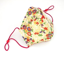 Load image into Gallery viewer, 3Layers Face mask &quot;beige&quot; japanese flowers design with red ear cord