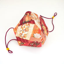 Load image into Gallery viewer, 3Layers Face mask &quot;orange&quot; japanese flowers design with red ear cord