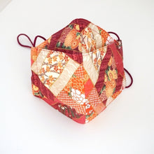 Load image into Gallery viewer, 3Layers Face mask &quot;orange&quot; japanese flowers design with red ear cord