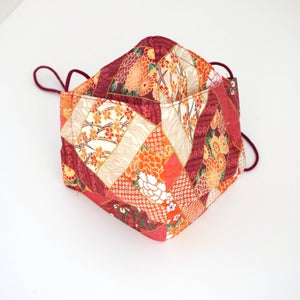 3Layers Face mask "orange" japanese flowers design with red ear cord