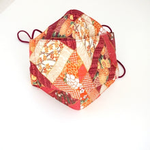 Load image into Gallery viewer, 3Layers Face mask &quot;orange&quot; japanese flowers design with red ear cord