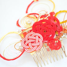 Load image into Gallery viewer, red&amp;yellow mizuhiki design hair comb, Japanese styling tool