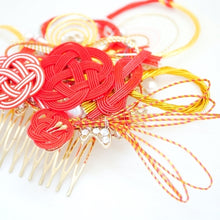 Load image into Gallery viewer, red&amp;yellow mizuhiki design hair comb, Japanese styling tool