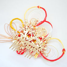 Load image into Gallery viewer, red&amp;yellow mizuhiki design hair comb, Japanese styling tool