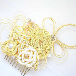 gold metal hair comb, mizuhiki headpieces, Japanese comb pin