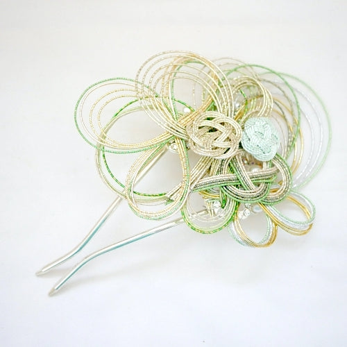 light-green kanzashi, elegant Japanese hair pin, handcrafted