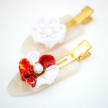 Load image into Gallery viewer, 2pcs white base hair clip with Tsumami-zaiku, hair accessory, handmade